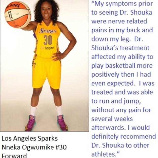 Professional Basketball Player and League MVP Nneka Ogwumike recognizes Dr. Shouka for his treatment.